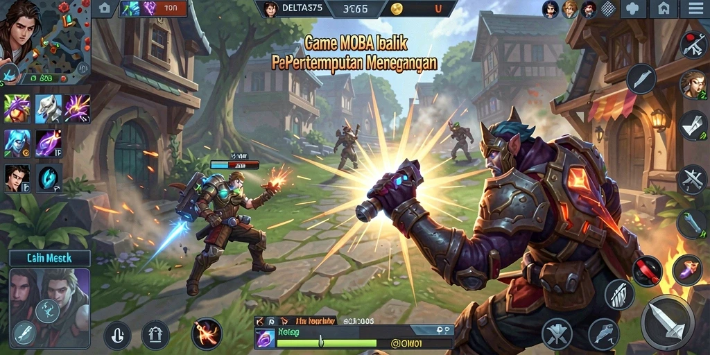 Tangkapan layar utama <strong>DELTA575</strong> menampilkan aksi pertempuran MOBA yang mendebarkan.