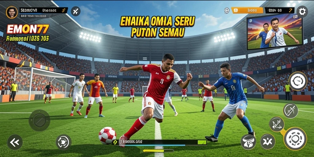 Screenshot menunjukkan aksi seru dalam permainan olahraga EMON77.