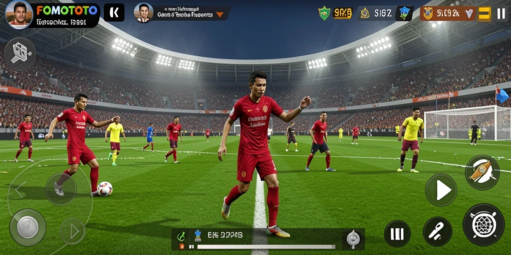 Tampilan in-game FOMOTOTO dengan aksi pertandingan yang seru.