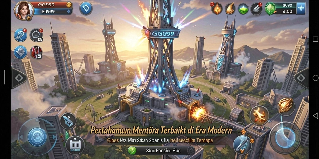Tangkapan layar utama GG999 menunjukkan pertempuran Tower Defense yang mendebarkan.