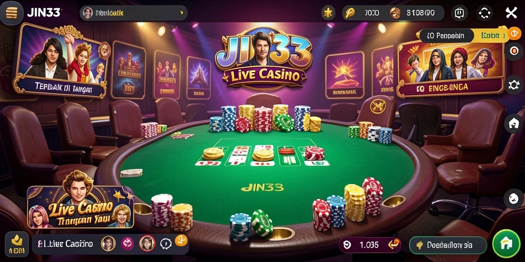 Screenshot gameplay JIN33 menampilkan dealer interaktif dalam suasana kasino langsung.