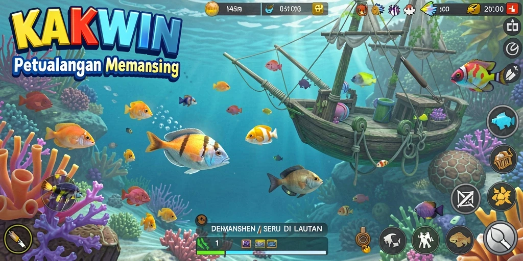 Screenshot gameplay KAKWIN menampilkan aksi memancing yang mendebarkan.