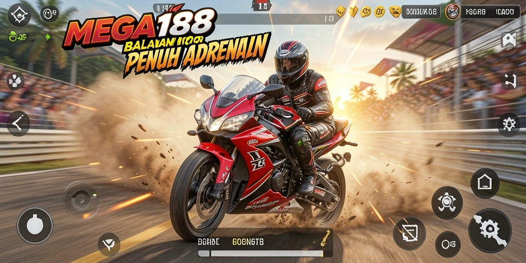 Gameplay menegangkan dari MEGA188 saat balapan motor.