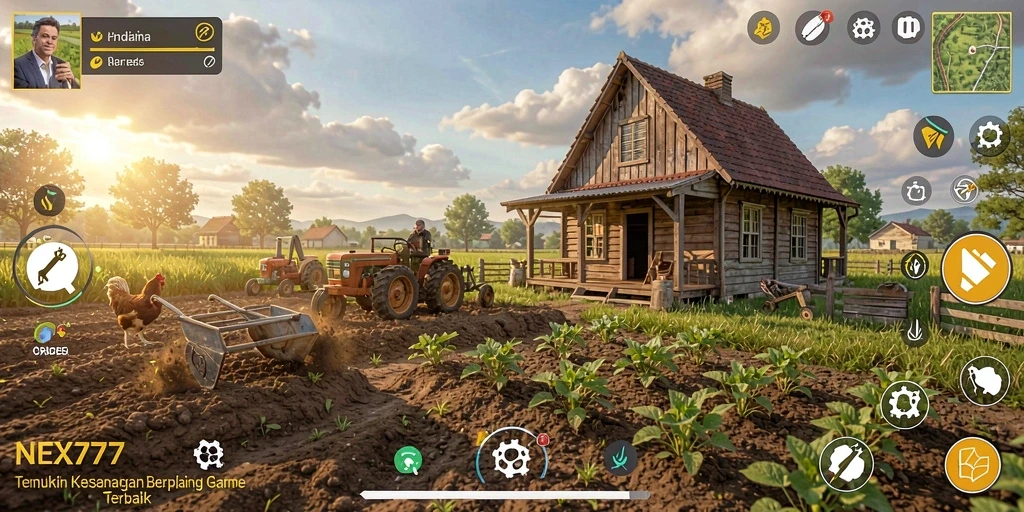 Tangkap layar gameplay NEX777 yang menunjukkan proses bertani yang menyenangkan.