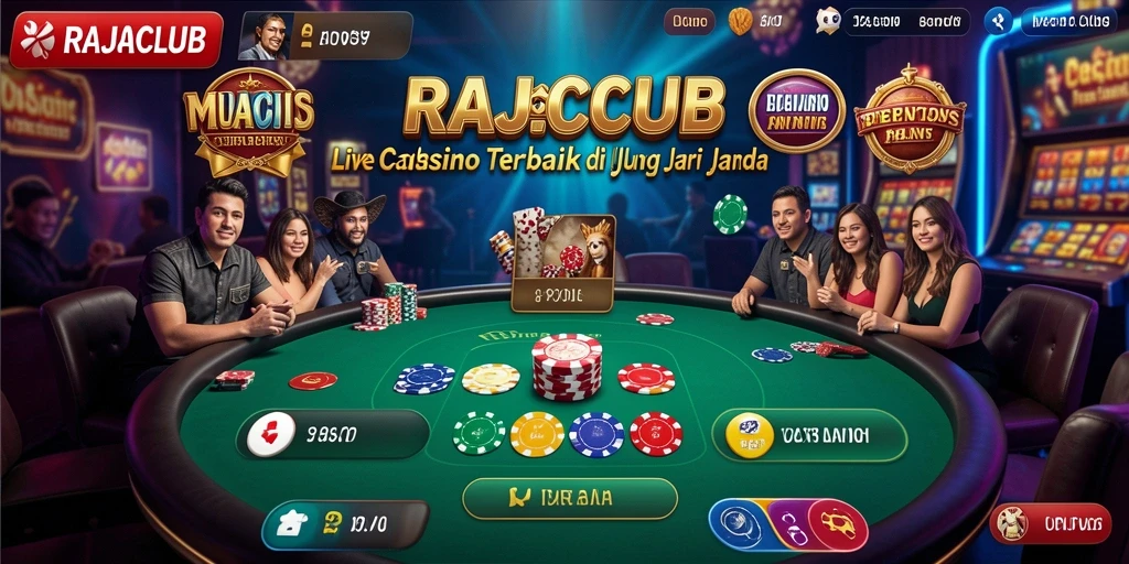 Screenshot utama RAJACLUB menampilkan dealer dan permainan Live Casino yang seru.