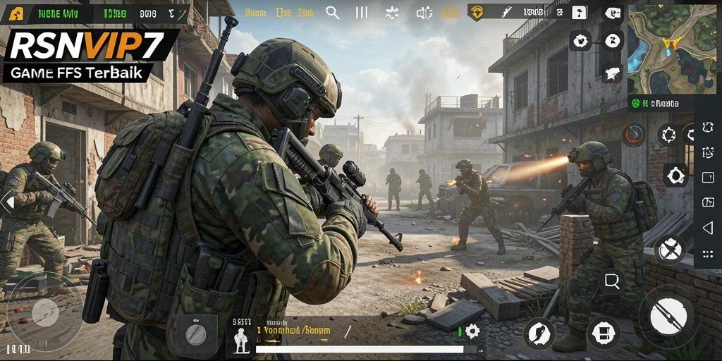 Screenshot gameplay RSNVIP7 yang menunjukkan aksi tembak-menembak yang intens.