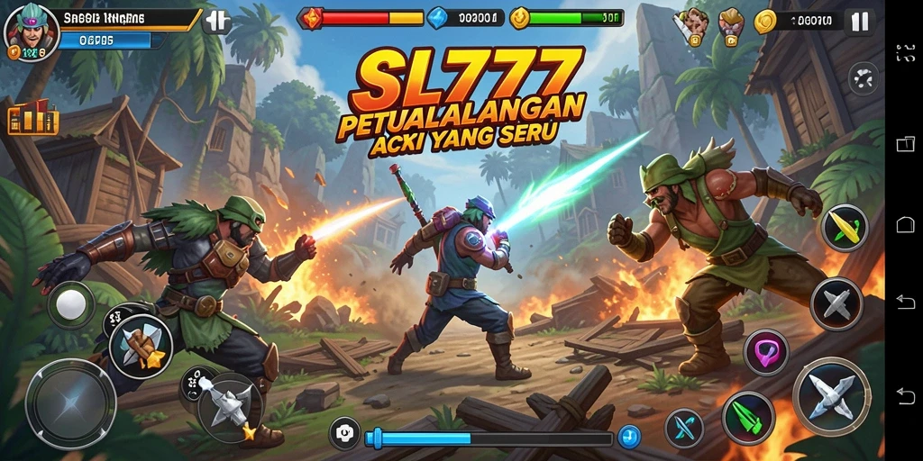 Tangkapan layar SL777 menampilkan aksi mendebarkan dengan karakter berjuang melawan musuh.