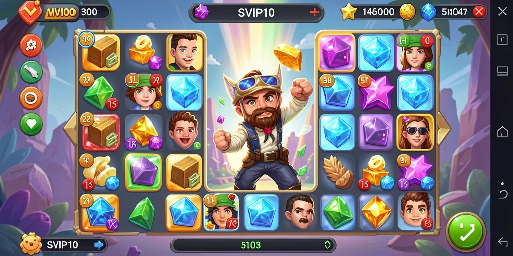 Tangkapan layar SVIP10 menampilkan gameplay Match-3 yang menarik dan penuh warna.
